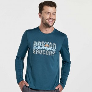 Blue Saucony Stopwatch Graphic Long Sleeve Men's T-Shirt | PHILIPPINES-OPR