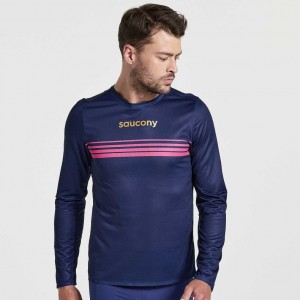 Navy Saucony Elite Long Sleeve Men's T-Shirt | PHILIPPINES-ZLX