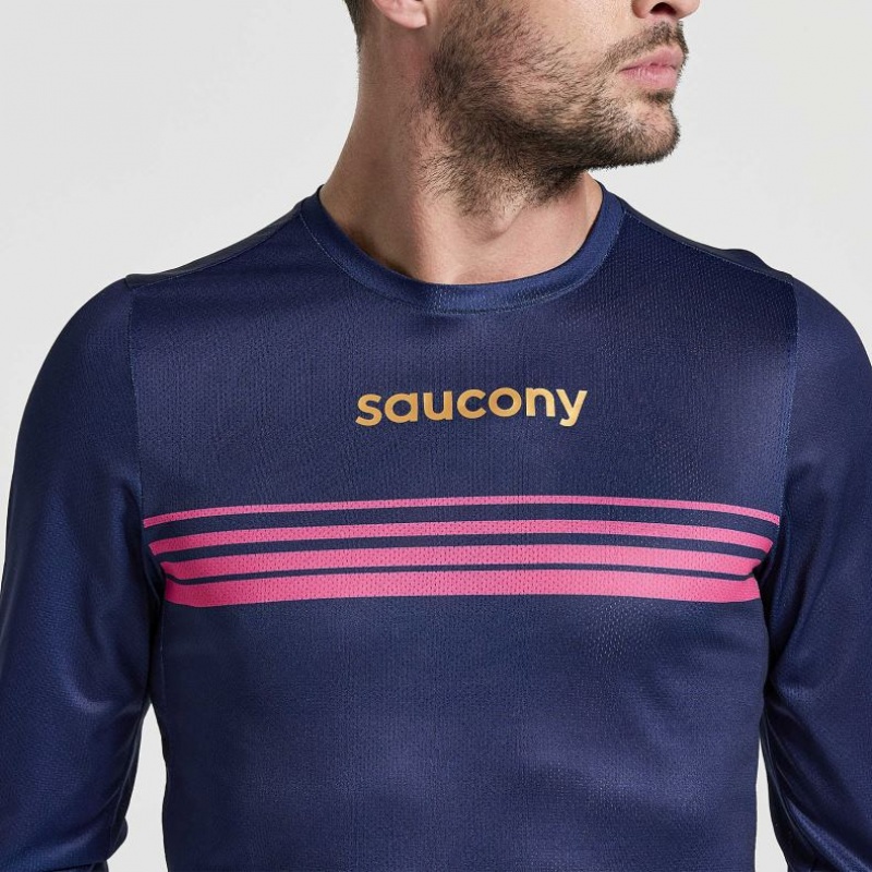 Navy Saucony Elite Long Sleeve Men's T-Shirt | PHILIPPINES-ZLX