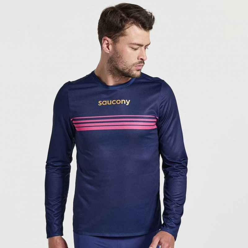 Navy Saucony Elite Long Sleeve Men\'s T-Shirt | PHILIPPINES-ZLX